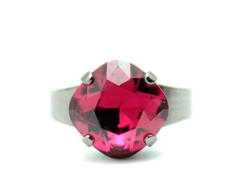 Ruby Red Ring Swarovski Crystal Cocktail Ring RARE Diamond Sparkle Solitaire You Choose Finish Square Dorothy's Slippers Rose Crimson Cerise