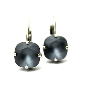 Graphite Crystal Drop Earrings Cool Soft Matte Gray Grey Solitaire Swarovski 10mm 12mm Square Cushion Cut Leverback Frosted Kitten Dusky image 1