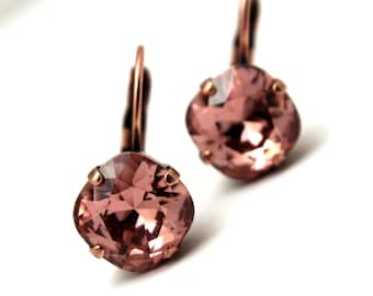 Dusty Rose Crystal Drop Earrings Classic Sparkling Mauve Blush Beige Pink Country Chic Solitaire Swarovski Dark Oxidized Genmetal Gold Matt