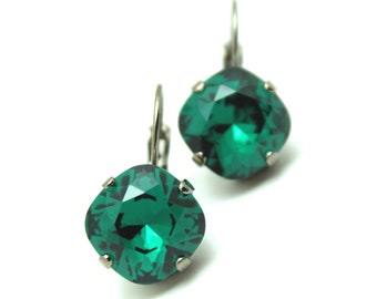 Emerald Green Crystal Drop Earrings Classic Sparkling May Birthstone Bottle Swarovski 10mm or 12mm Dark Oxidized Gunmetal Finish Shamrock