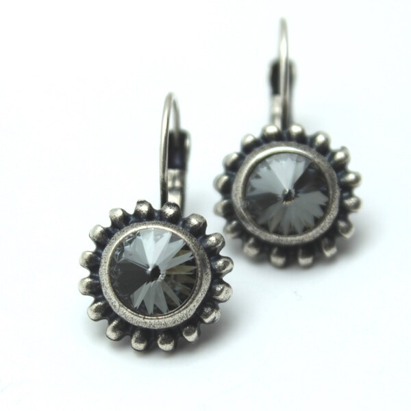 Black Diamond Drop Earrings Classic Swarovski Crystal Night Gray Grey Graphite Southwestern Pointelle Dots Border Oxidized Silver Leverback