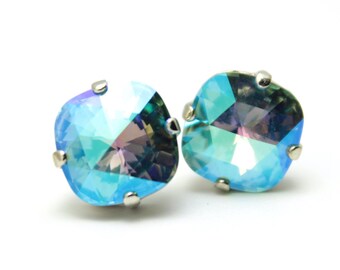 Aquamarine Blue Crystal Stud Earrings Classic Rose Cut Cushion Shimmer AB Sparkling Placid Aqua Solitaire Swarovski 12mm Post Copper Faceted