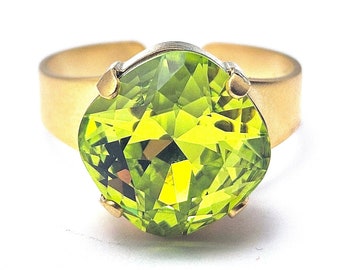 Austrian Crystal Cocktail Ring Bright Citrus Green Yellow Chartreuse Metallic Diamond Sparkle Solitaire You Choose Finish Shimmer Gold Acid