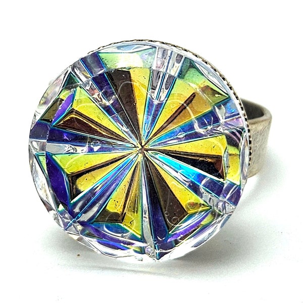 Radiant Hypno Pastel Rainbow AB Cocktail Ring Pinwheel Fireworks Circus Carnival Couture 18mm 25mm Adjustable Antiqued Clear Aurora Borealis