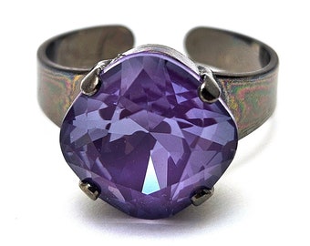 Bright Purple Ring Opaque Austrian Crystal Cocktail Ring Ignite Lacquer Sparkle Solitaire You Choose Finish Square Gunmetal Silver Rose Gold