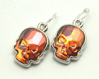 Skull Dangle Earrings Swarovski Crystal Chili Pepper Hot Bright Red Flame Orange Drop Sterling Silver 14k Gold Filled Spooky Halloween Goth