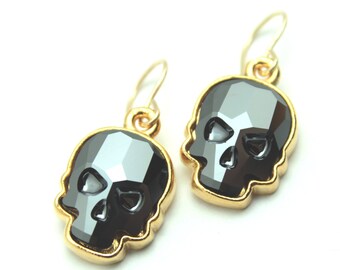 Skull Dangle Earrings Swarovski Crystal Metallic Black Jet Hematite Drop Sterling Silver 14k Gold Filled Spooky Halloween Goth Skeleton