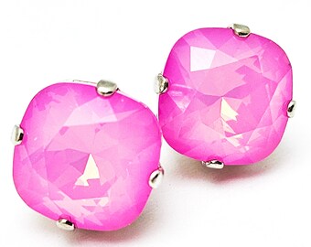 Pink Opal Crystal Stud Earrings Classic Ultra AB DeLite Fuchsia Barbie Solitaire Austrian Opaque 12mm Sterling Silver Copper Rose Tulip Neon