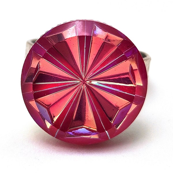 Radiant Hypno Raspberry Magenta Pink Cocktail Ring Pinwheel Fireworks Circus Carnival Couture 18mm 25mm Adjustable Antiqued Fuchsia Cerise