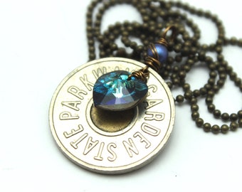 New Jersey Token Necklace Garden State Parkway, NJ Transit Swarovski Crystal Heart Bullseye Bon Jovi Bruce Springsteen Blue Green Red Black
