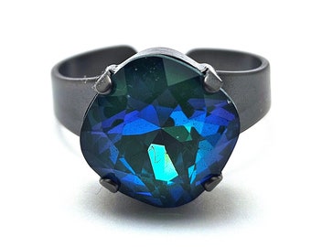 Austrian Crystal Cocktail Ring Ultra Emerald AB Bright Blue Green Opaque Dark Sage Gunmetal Black Solitaire You Choose Finish Shimmer Gold