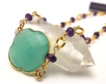 Aqua Chalcedony Quatrefoil Purple Amethyst Blue Green Mermaid Ocean Sea 14K Gold Fill Layering Spring Ring Clasp Ariel February Birthstone