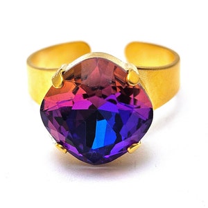 Blåviolett ring Österrikisk kristall Cocktail Lila skimmer Flash Color Shift Röd Orange Du väljer finish Fyrkantig Gunmetall Silver Roséguld