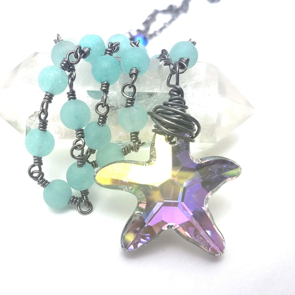 Crystal Starfish Necklace Rare Swarovski CAL/AB CAL Metallic Matte Aqua Chalcedony Beaded Oxidized Sterling Silver Gunmetal Chain Rainbow