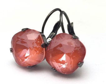 Bright Red Orange Crystal Drop Earrings Classic Tropical Solitaire Swarovski Dark Oxidized Gunmetal Gold Tangerine Opaque Rainbow Hot Ignite