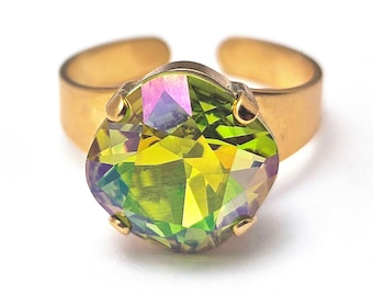 Austrian Crystal Cocktail Ring Bright Citrus Green Yellow Luminous Pink Metallic Diamond Sparkle Solitaire You Choose Finish Shimmer Gold