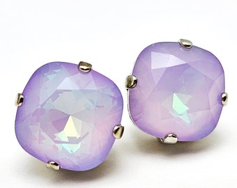 Lavender Opal Purple Crystal Stud Earrings Classic DeLite Provence Solitaire Austrian Opaque 12mm Sterling Silver Copper Violet Tulip Spring