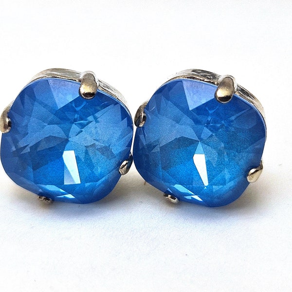 Electric Blue Crystal Stud Earrings Sparkling Bright Neon Sapphire Royal Cobalt Ultra Solitaire Austrian Indigo Sterling Silver Post Copper