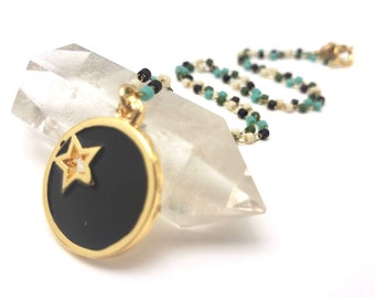 Black Star Necklace Enamel Beaded Metallic Glass Seed Bead Turquoise 14K Gold Fill Delicate Romantic Bohemian Layering Gypsy Celestial Moon