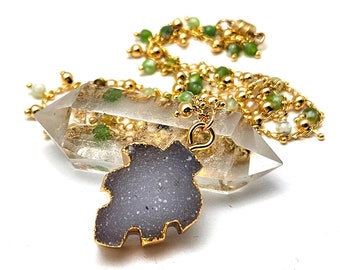 Druzy Leaf Necklace Natural Quartz Moonstone Gold Leafed Iridescent Ice Light Green Jade 14K Gold Fill Nature Tree of Life Floral Verde Moss