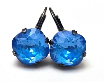 Electric Blue Delite Austrian Crystal Drop Earrings Classic Sparkling Cornflower Periwinkle Cyan Bright Neon Leverback Solitaire  10mm 12mm