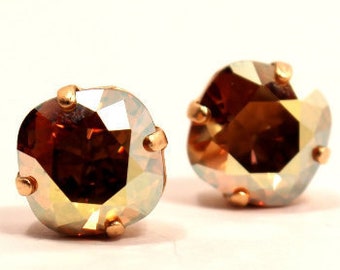 Metallic Topaz Crystal Stud Earrings Cognac Copper Flame Metallic Sunshine Tangerine Orance Swarovski 10mm Sterling Silver Post Rustic Sun