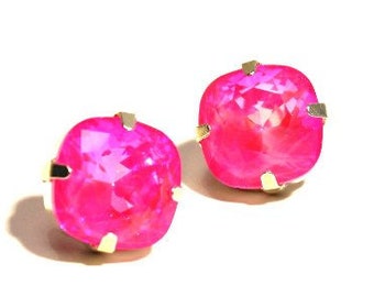 Hot Pink Earrings Neon Ultra AB Crystal Stud Classic Sparkling Fluorescent Summer Solitaire Austrian Brght Sterling Silver Post Gold Copper