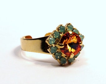 Tangerine & Caribbean Opal Ring Sparkling Bright Orange Solitaire Swarovski Studded Rhinestone Crown Tropical Punch Cocktail Gold Chrysolite