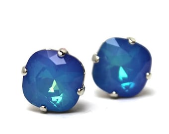 Cobalt Blue Crystal Stud Earrings Classic Sparkling Deep Glowing Periwinkle Cornflower Solitaire Swarovski 10mm Sterling Silver Post Copper