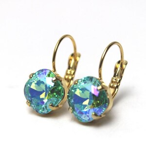 Turquoise Shimmer Crystal Drop Earrings Classic Sparkling Aqua Glacier Solitaire Swarovski 10mm 12mm Rose Gold Silver Copper Diamond Square