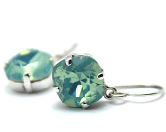 Mint Green Opal Crystal Dangle Earrings Classic Sparkling Seafoam Solitaire Swarovski 12mm or 10mm Drop Sterling Silver Gold Women's Jewelry