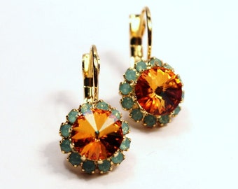 Orange & Teal Green Blue Crystal Dangle Earrings Swarovski Drops Studded Rhinestone Crown Tropical Punch Sunrise Sunset Gold Chrysolite Opal