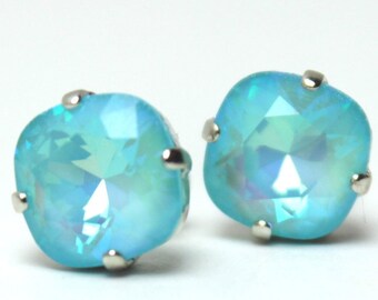 Turquoise Blue Crystal Stud Earrings Classic Sparkling Placid Aqua AB Solitaire Swarovski Sterling Silver Post Copper Shimmering Rainbow Hot