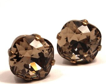 Soft Brown Griege Crystal Stud Earrings Classic Sparkling Grey Shade Solitaire Swarovski Cocoa Chocolate Sienna Sterling Silver Stud Post