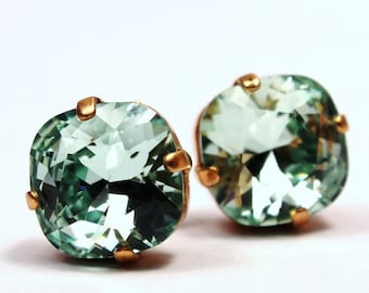 Mint Green Crystal Stud Earrings Classic Sparkling Seafoam Celadon Pastel Solitaire Swarovski 10mm Sterling Post & Copper Women's Jewelry