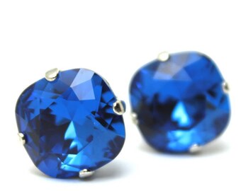 Capri Blue Crystal Stud Earrings Classic Sparkling Deep Cbalt Bright Sky Cornflower Solitaire Swarovski 12mm Sterling Silver Post Copper