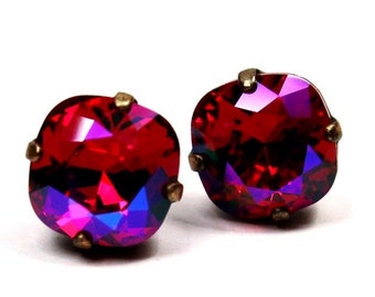 Hot Magenta Pink Crystal Stud Earrings Classic Red Sparkling Siam Cerise Solitaire Neon Swarovski 10mm Sterling Post Copper Women's Jewelry