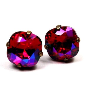 Hot Magenta Pink Crystal Stud Earrings Classic Red Sparkling Siam Cerise Solitaire Neon Swarovski 10mm Sterling Post Copper Women's Jewelry image 1