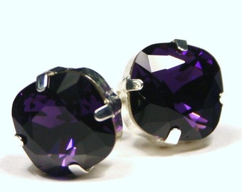 Dark Purple Crystal Stud Earrings Classic Sparkling Deep Amethyst Royal Violet Indigo Solitaire Swarovski 12mm Sterling Silver Post Copper