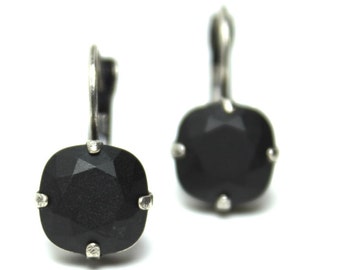 MATTE BLACK Crystal Drop Earrings Classic Frosted Jet Ebony Dark Midnight Gunmeteal Swarovski 10mm 12mm Rose Gold Silver Copper Diamond Ink