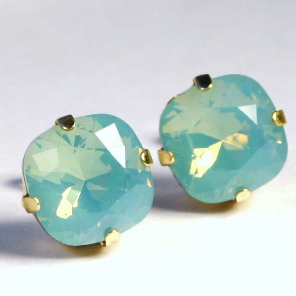 Aqua Green Opal Crystal Stud Earrings Sparkling Teal Mint Seafoam Solitaire Swarovski 10mm 12mm Sterling Post & Gold Women's Jewelry