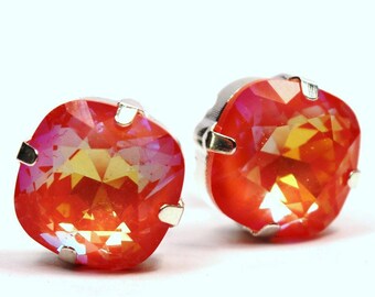 Orange Crystal Stud Earrings Classic Sparkling Bright Pumpkin Carrot Tangering Sherbet Solitaire  10mm 12mm Sterling Post Copper