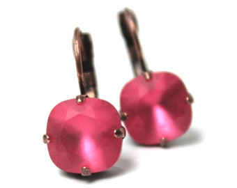 Matte Pink Crystal Drop Earrings Classic Sparkling Indian Strawberry Bubblegum Solitaire Swarovski Dark Oxidized Genmetal Gold Matt Etched