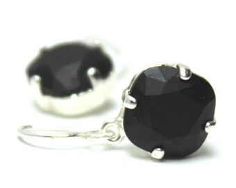 MATTE Black Crystal Dangle Earrings Classic Opaque Jet Charcoal Solitaire Swarovski 12mm 10mm Drop Sterling Silver Gold Underworld Vampy