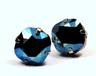 Boucles d'oreilles Metallic Blue Crystal Stud Classic Slate Gunmetal Steel Sparkling Solitaire Swarovski 12mm Sterling Post Copper Rare Limited Cool