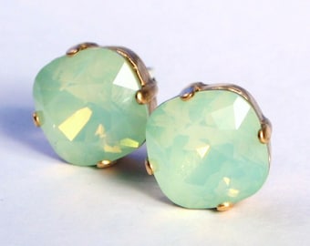 Mint Green Crystal Earrings Sparkling Chrysolite Opal Seafoam Solitaire Swarovski Stud 12mm 10mm Sterling Post & Copper Gold Gifts for Her