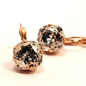 Rose Gold Patina Crystal Drop Earrings Cool Sparkling Metallic Speckled Solitaire Swarovski 10mm 12mm Square Cushion Cut Leverback Dangles
