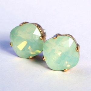 Mint Green Crystal Earrings Sparkling Chrysolite Opal Seafoam Solitaire Swarovski Stud 12mm 10mm Sterling Post & Copper Gold Gifts for Her