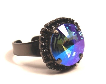 Sapphire & Jet Swarovski Crystal Ring Sparkling Bright