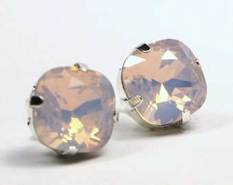 Pink Opal Crystal Stud Earrings Classic Sparkling Rose Water Pastel Baby Solitaire Swarovski 10mm Sterling Post & Copper - Women's Jewelry